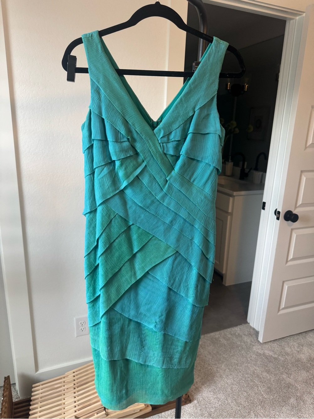 Tadashi Shoji Teal Tiered V-Neck Midi Dress